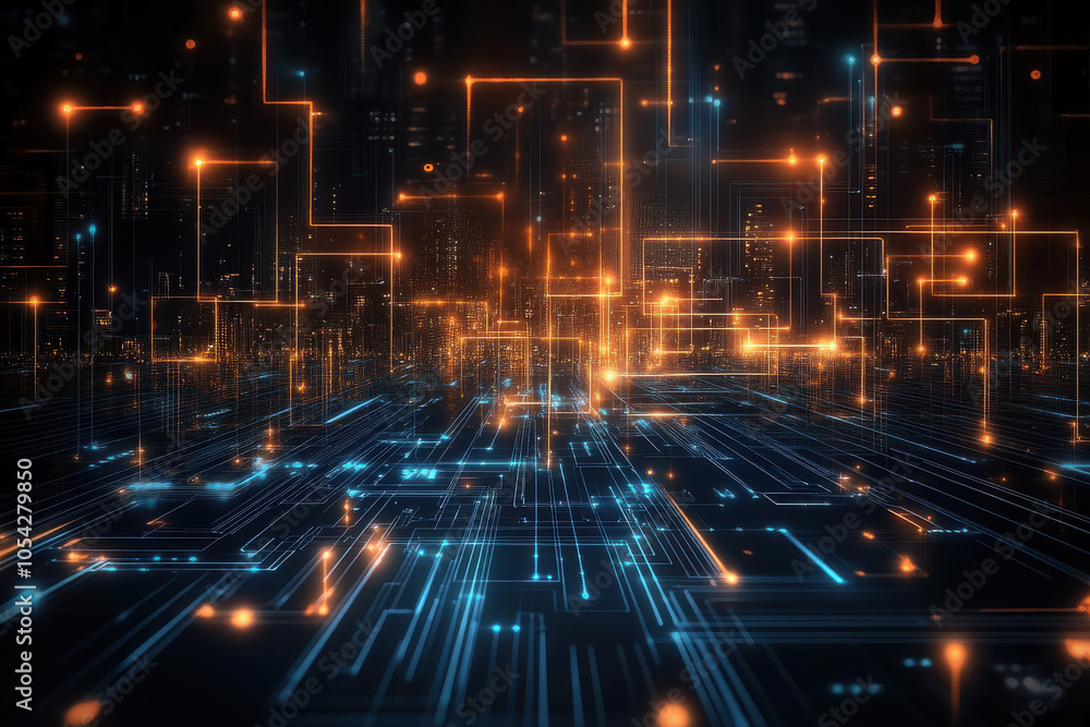 Obraz premium futuristic digital landscape with glowing lines and circuits, showcasing technology and innovation. vibrant blue and orange lights create dynamic atmosphere