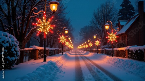 Wallpaper Mural Snow-covered roads with holiday lights. A serene winter scene with colorful streetlights illuminating a snowy, tree-lined path, creating a magical atmosphere. Snow blankets the ground. Torontodigital.ca