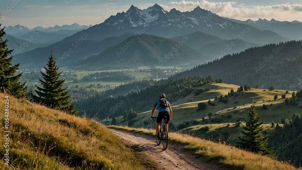 Obraz premium A cyclist on a mountain trail with a scenic backdrop.