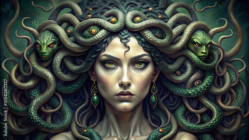 Fototapeta premium portrait of a woman with a medusa snakes mask