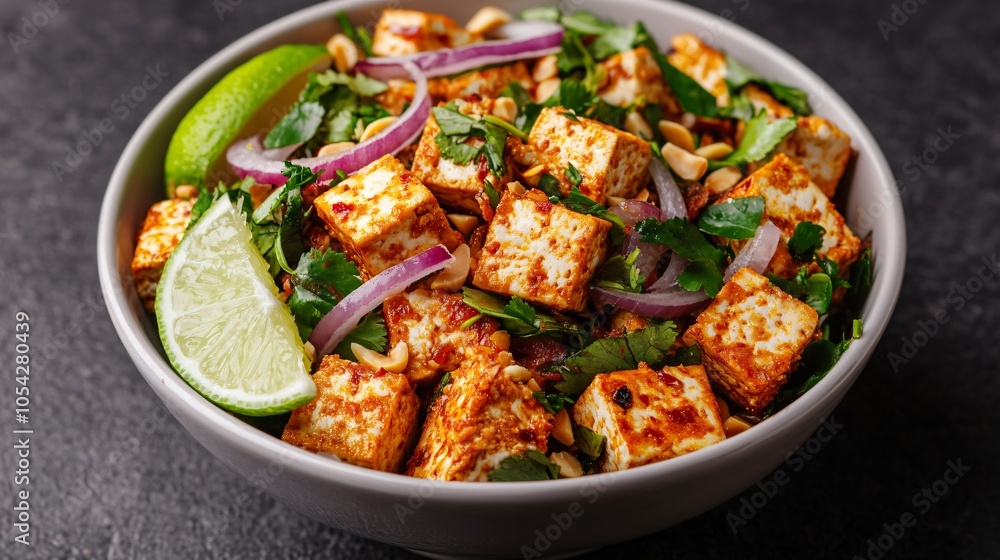 A bowl of tofu larb (ลาบเต้าหู้), with fresh herbs, red onions, and crunchy peanuts, garnished with lime wedges. A bowl of tofu larb (ลาบเต้าหู้), with fresh herbs, red onions, and crunchy peanuts, garnished with lime wedges.