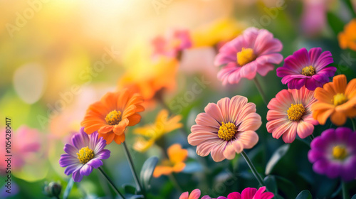 Colorful blooming flowers in a garden during golden hour, creating a vibrant and cheerful atmosphere in springtime