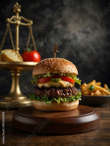 A gavel next to a gourmet burger, blending law and food.