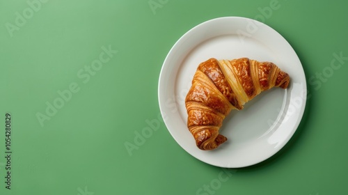 Croissant on a white plate on a green background. The picture shows the concept of breakfast. photo