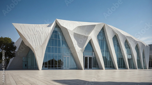 Futuristic Architecture with Geometric Triangular Panels Against Clear Sky