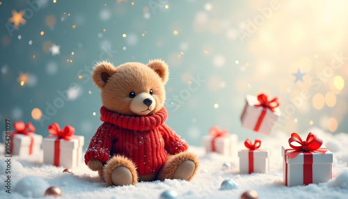 Cute teddy bear in cozy red sweater sitting among Christmas presents against magical snowy bokeh background with stars