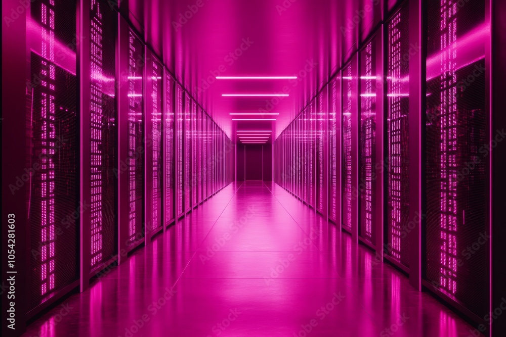Fototapeta premium Futuristic Server Room with Vivid Pink Lights - Techno-Futurism Concept