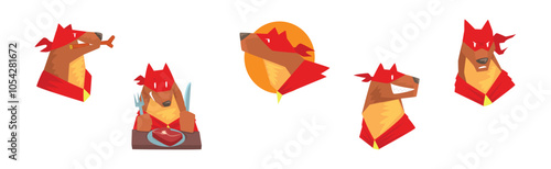 Dog Superhero Character in Red Cape and Mask Vector Set