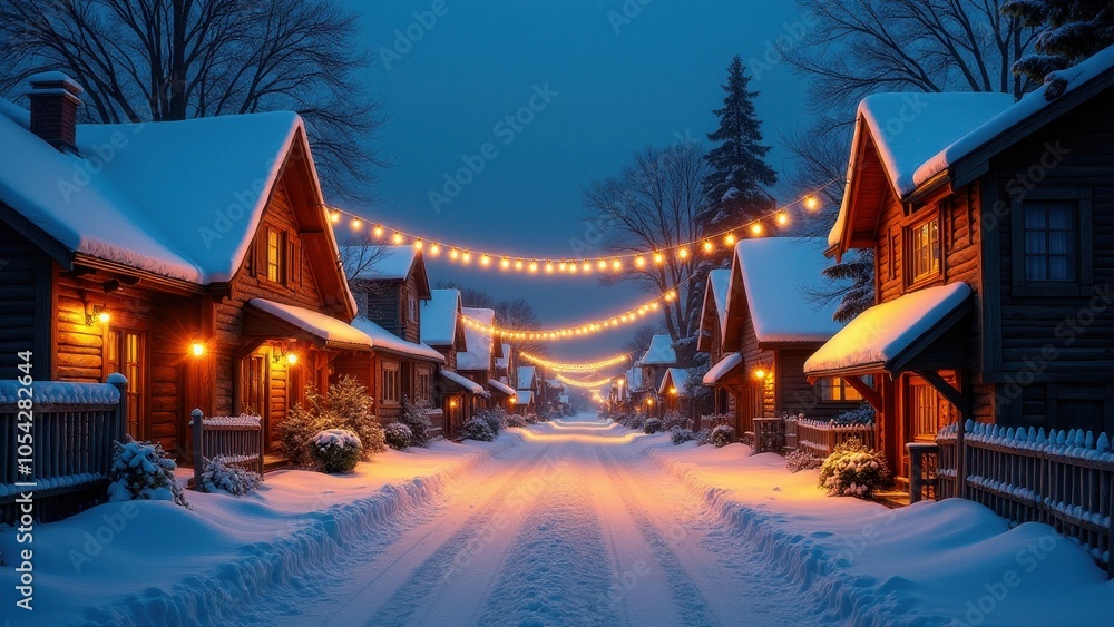 Snow-covered roads with holiday lights. Snowy village street at dusk, lined with cozy cabins and pine trees, illuminated by glowing string lights and lanterns, creating a serene winter scene. Snow-covered roads with holiday lights. Snowy village street at dusk, lined with cozy cabins and pine trees, illuminated by glowing string lights and lanterns, creating a serene winter scene.