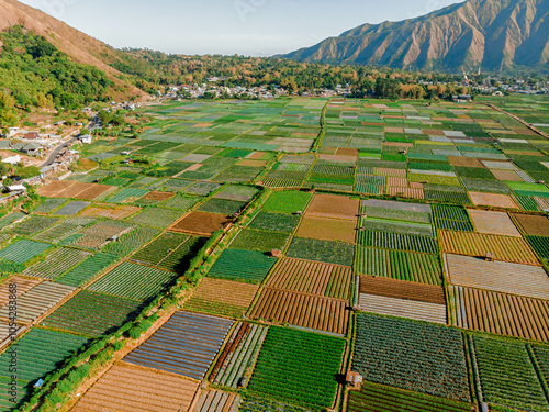 Aerial drone view of amazing farmland scenery at Sembalun in East Lombok, Indonesia. photo