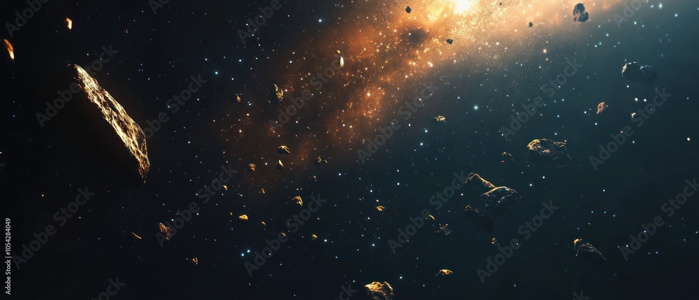 Fototapeta premium A cosmic scene depicting asteroids and a galaxy in the vastness of space.