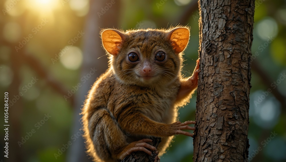 Naklejka premium An adorable tarsier climbing a tree during golden hour, perfect for nature-themed wallpapers.