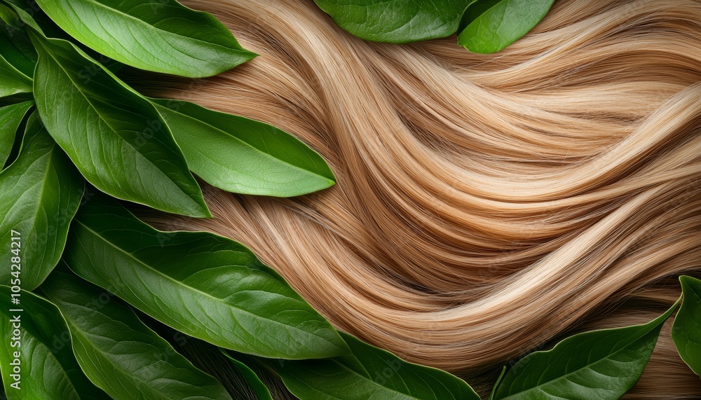 Obraz premium A close-up of smooth, shiny hair cascading through vibrant green plants, symbolizing natural hair nourishment and the benefits of plant-based ingredients.