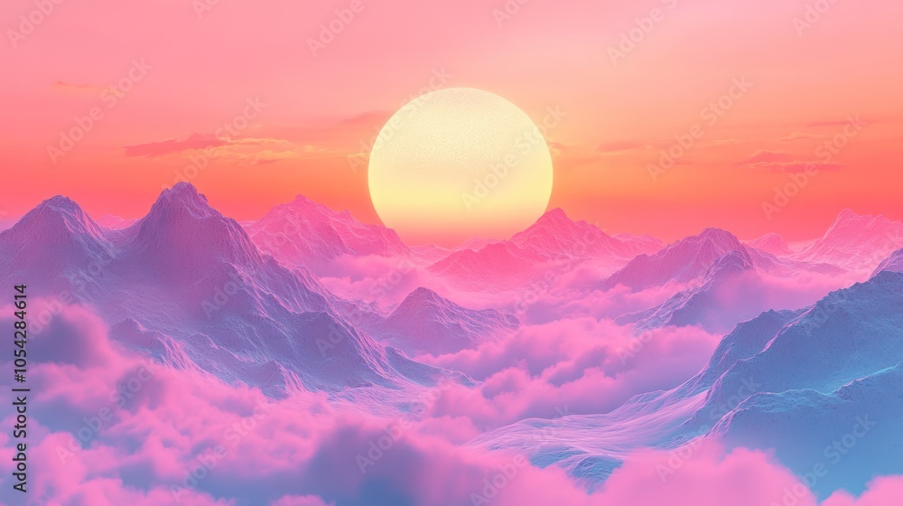 Fototapeta premium A serene landscape featuring mountains and a vibrant sunset with pink and orange hues.