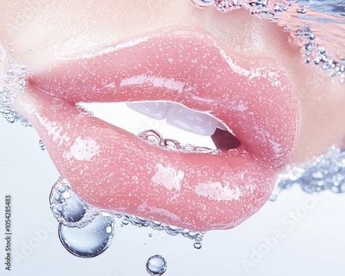 A detailed close-up of plump, hydrated lips surrounded by clear water and bubbles, representing the essence of deep hydration and luxurious skincare. photo