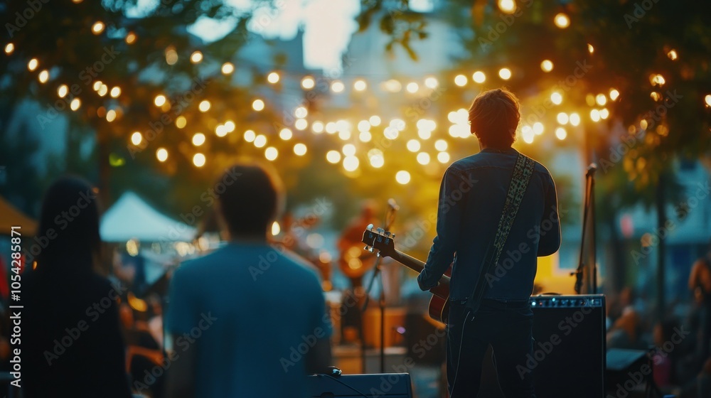 A musician performs at an outdoor evening event, surrounded by twinkling lights and an audience. A musician performs at an outdoor evening event, surrounded by twinkling lights and an audience.