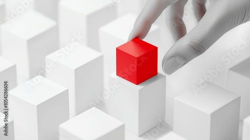 A hand reaching for a single standout red block among a group of white blocks, conveying ideas of leadership, focus, and strategic selection. photo