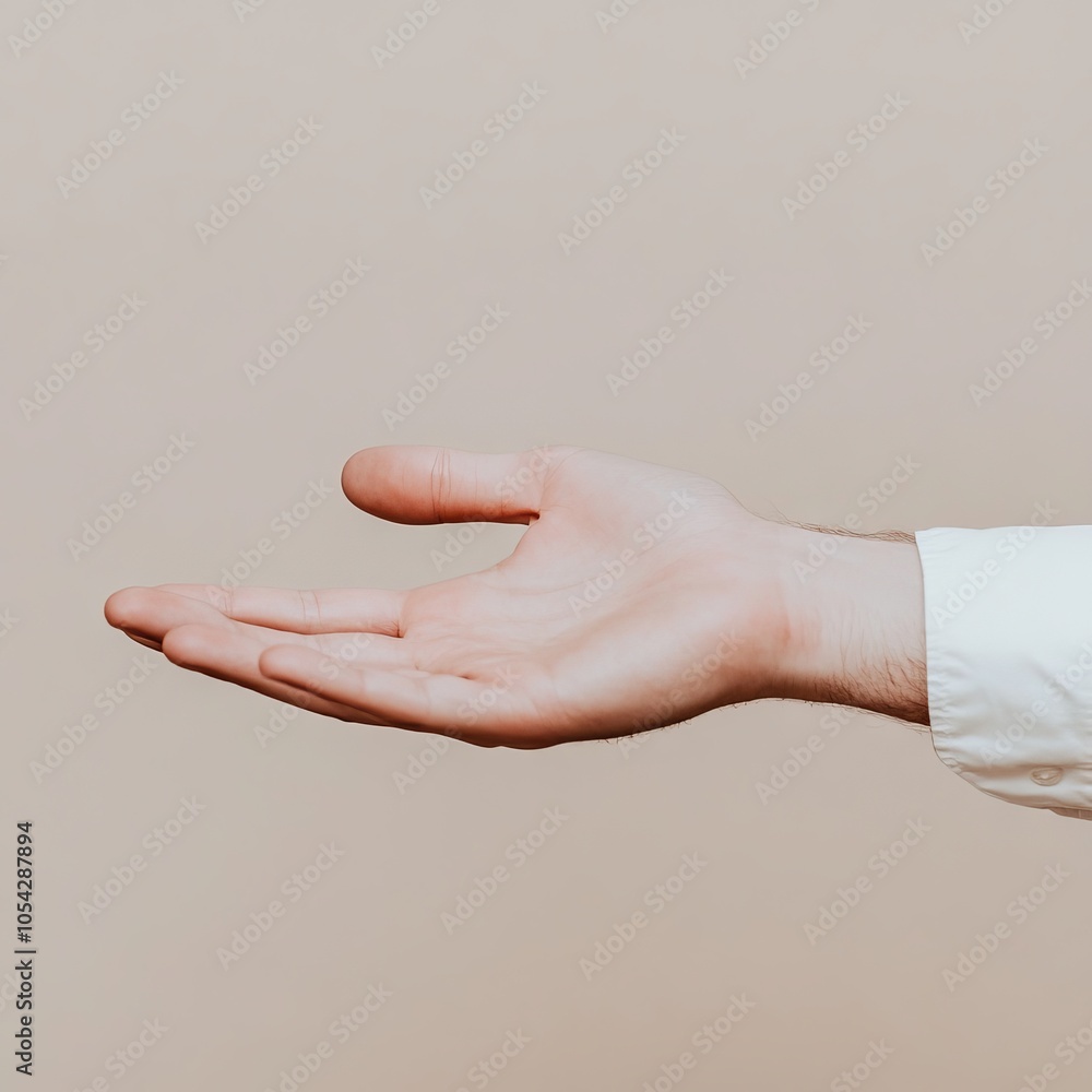 A hand is extended outward against a neutral background. A hand is extended outward against a neutral background.