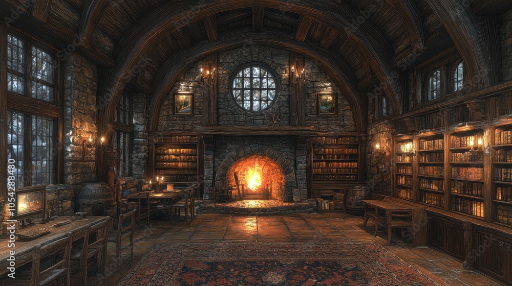 Obraz premium Cozy Stone and Wooden Library with Fireplace and Bookcases