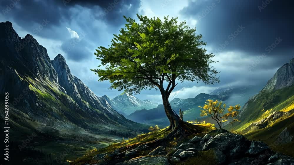 A lone tree stands tall against a backdrop of dramatic mountains and a cloudy sky A lone tree stands tall against a backdrop of dramatic mountains and a cloudy sky