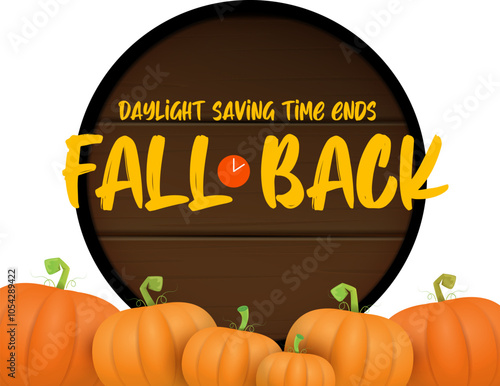 Fall Back 2024. Autumn Daylight saving time ends banner with pumpkins isolated on white background.