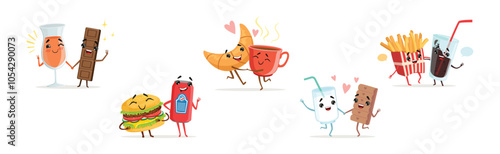 Funny Food Friends Together Enjoy and Have Fun Vector Set