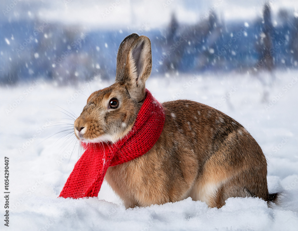 Ein Hase mit roten Schal bei Schneefall