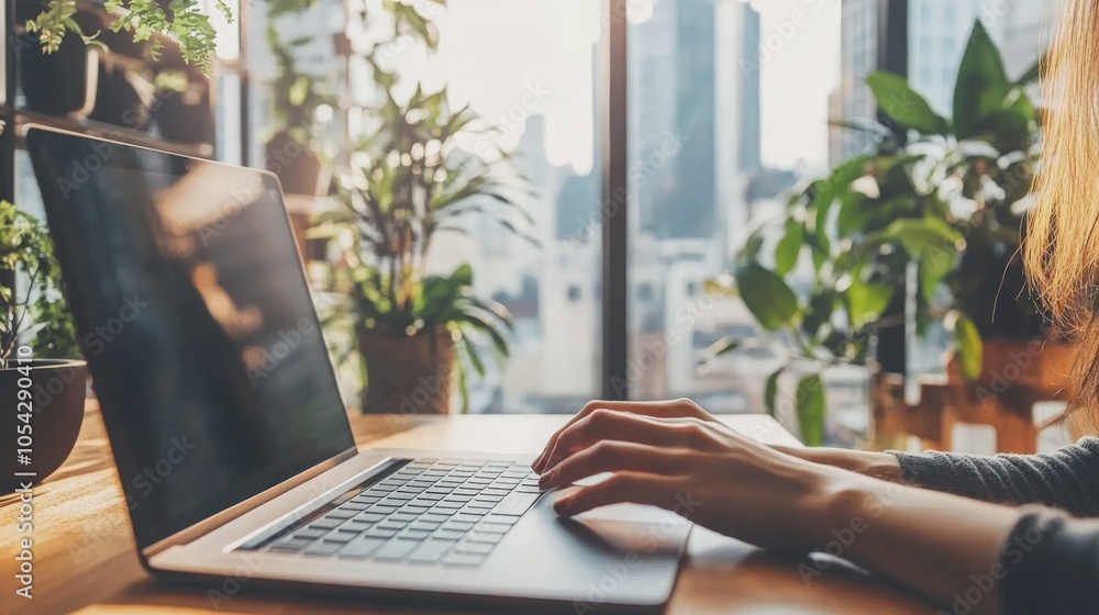 The individual is engaged in work on a laptop with sunlight streaming through large windows, illuminating the indoor plants nearby. A vibrant city skyline is visible outside. The individual is engaged in work on a laptop with sunlight streaming through large windows, illuminating the indoor plants nearby. A vibrant city skyline is visible outside.