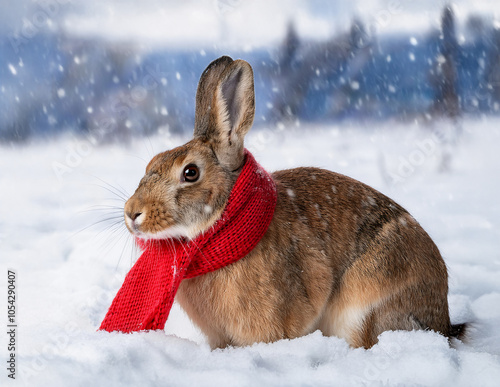 Obraz na płótnie Ein Hase mit roten Schal bei Schneefall w salonie