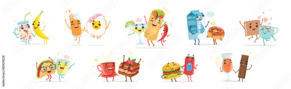 Fototapeta premium Funny Food Friends Together Enjoy and Have Fun Vector Set
