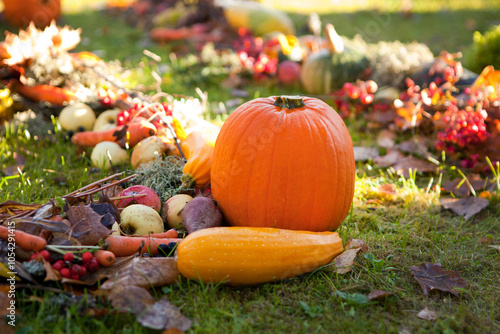 Pumpkin in field in October sunset symbolizing fall and Halloween. High quality of pumpkin outdoor at the grass