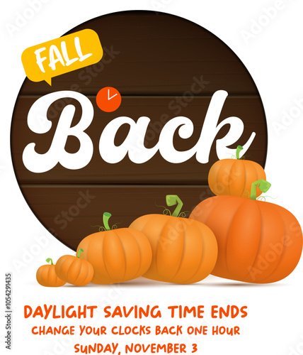 Fall Back 2024. Autumn Daylight saving time ends banner with pumpkins isolated on white background.