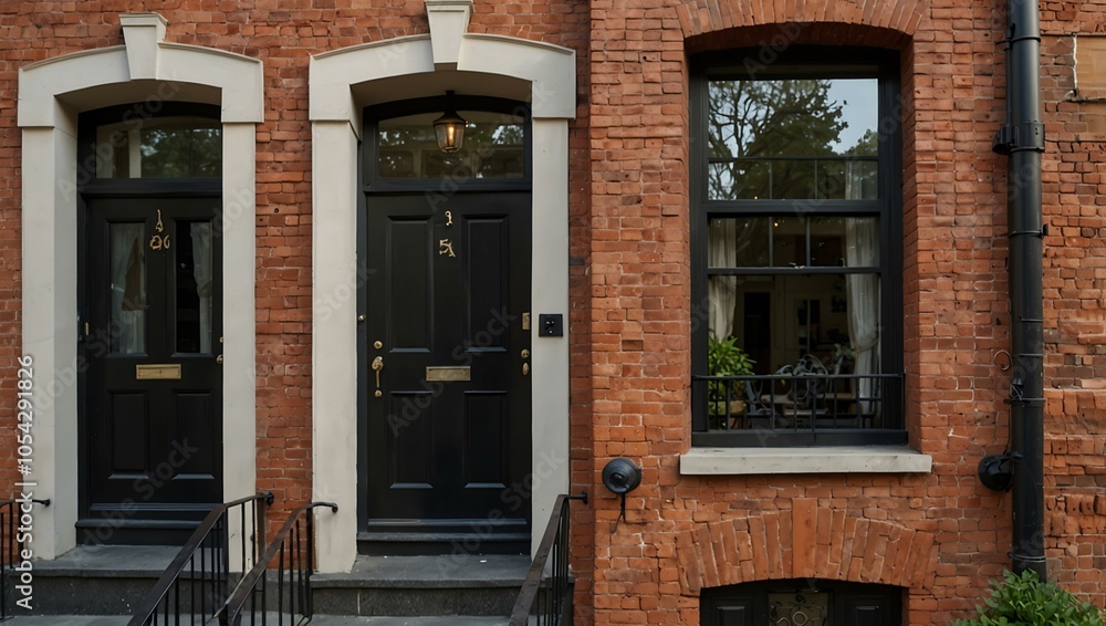 Elegant townhouse with a brick facade and bay windows. Elegant townhouse with a brick facade and bay windows.