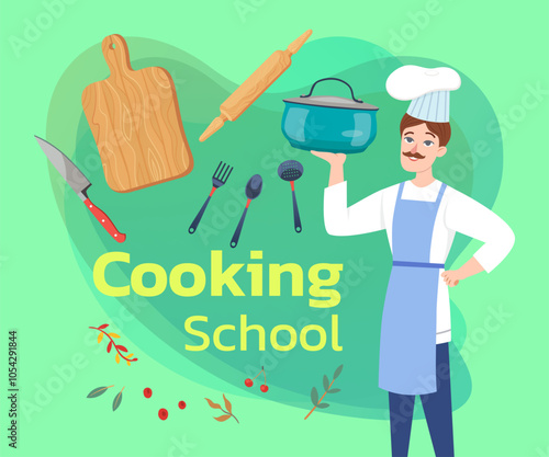 Cooking school banner design. Chef with saucepan and kitchen utensils. Culinary workshop, cooking class concept