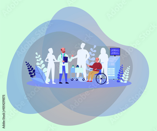 Doctor consulting man in wheelchair vector illustration. Empty silhouettes of healthcare workers carrying and treating patients. Health workforce shortage, recruiting problem, medicine concept
