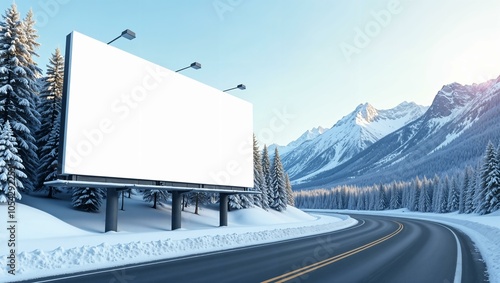 White billboard near the road with mountain winter view, clean and minimalist design, large and empty, ready for custom text or graphics. horizontal advertisement mockup photo