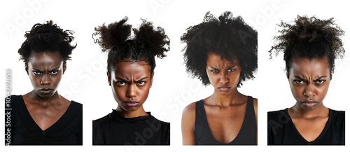  Portrait of young beautiful black woman with angry expression, isolated on transparent background, generative ai