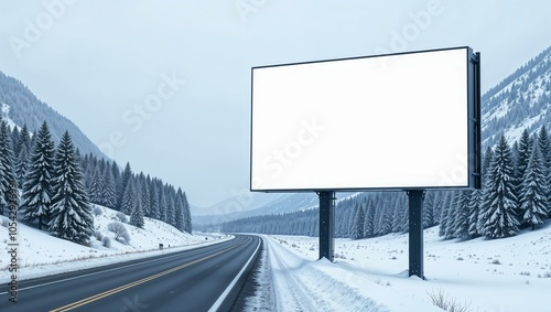 White billboard near the road with mountain winter view, clean and minimalist design, large and empty, ready for custom text or graphics. horizontal advertisement mockup