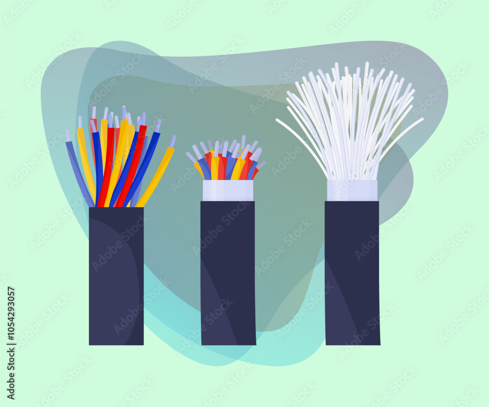 Fiber optic cables vector illustrations for equipment set. Cartoon drawings of electric wires for appliances, tools. Technology, network, Internet, connection, telecommunication concept