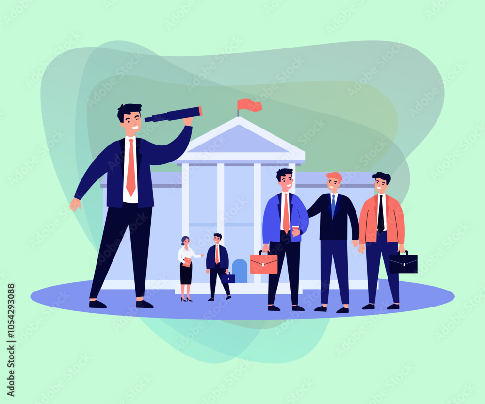 Fototapeta premium Government official or lawyer looking through spyglass. Public sector workers with briefcases in front of government building with flag vector illustration. Public sector, government, society concept