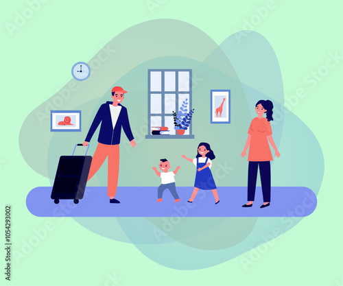 Father coming home after business trip vector illustration. Drawing of happy wife and children greeting man, son and daughter running towards dad. Family, reunion, happiness, togetherness concept