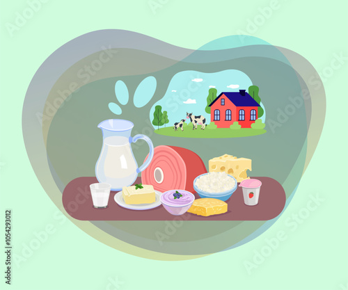 Farm and dairy products vector illustration. Milk, meat, cheese, yoghurt on table, farm house and cows on background. Organic food, fresh products concept