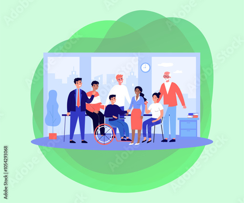Group of happy diverse coworkers vector illustration. Inclusive team of people with disability and people of different age and race working together. Diversity, teamwork, inclusion, business concept