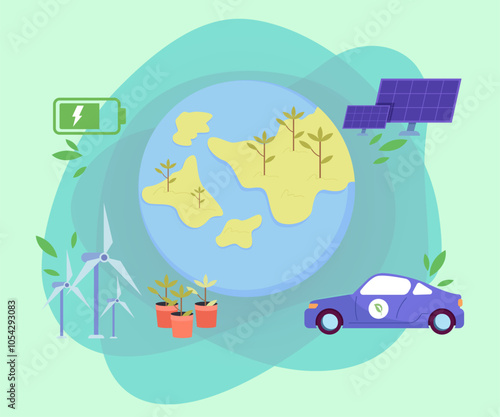 Green planet with solar panels, wind turbines, electric car, green energy battery. Vector illustration. Sustainable living, eco-friendly practices concept