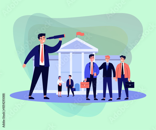 Government official or lawyer looking through spyglass. Public sector workers with briefcases in front of government building with flag vector illustration. Public sector, government, society concept