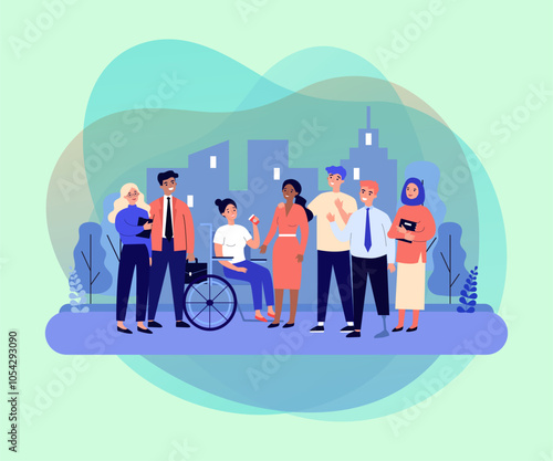 Group of happy diverse friends vector illustration. Inclusive team of people with disability and people of different religion and race working together. Diversity, teamwork, inclusion concept