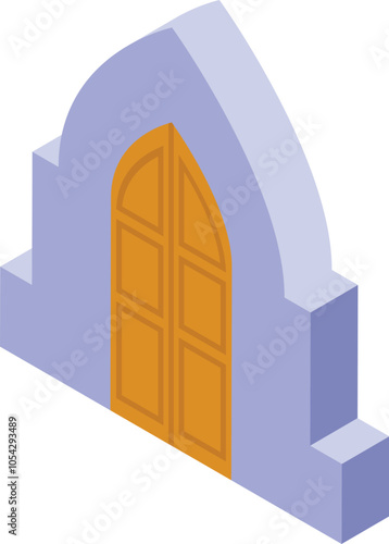 Golden church door welcoming believers to enter, pray and find peace in isometric view