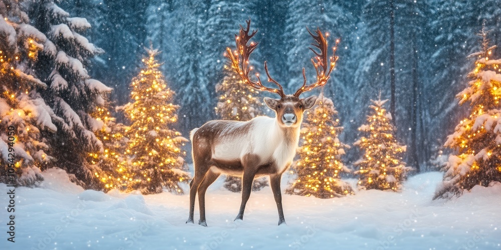 Obraz premium Peaceful Winter Landscape Featuring Reindeer and Lights