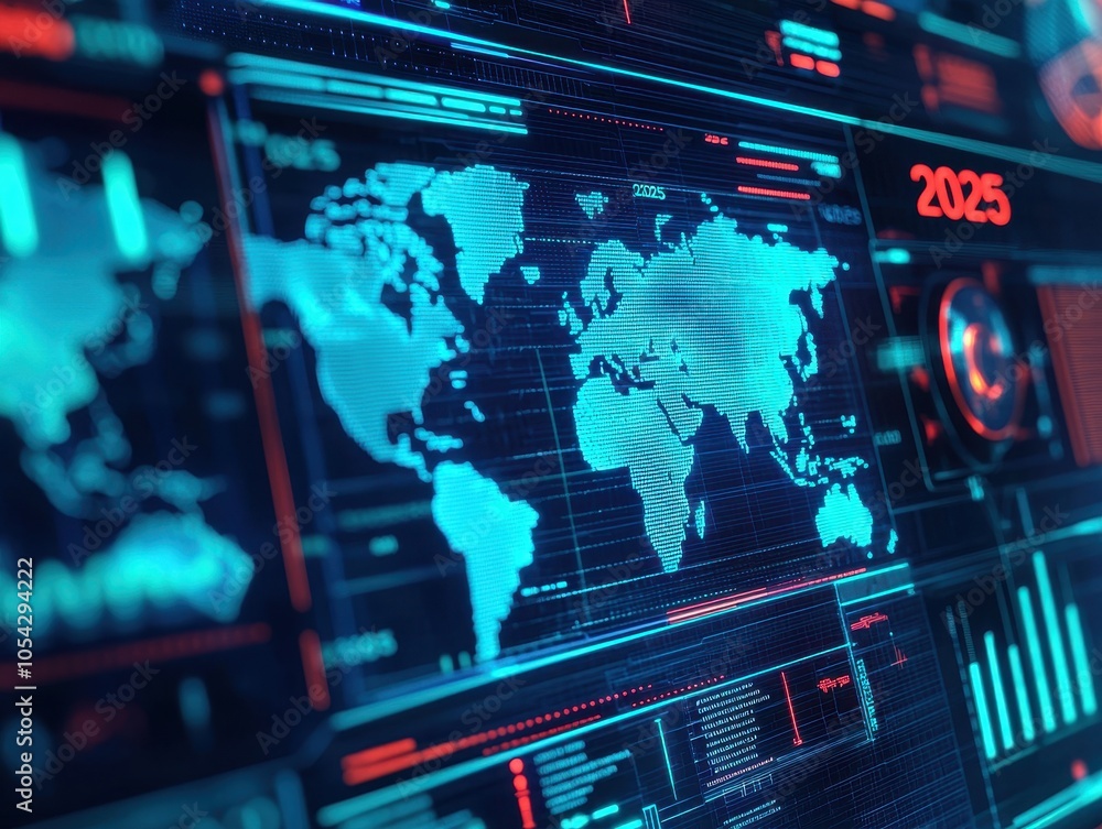 Fototapeta premium Futuristic digital world map with data overlays and vibrant colors.