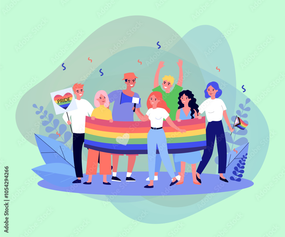 Fototapeta premium Group of happy people holding rainbow flag vector illustration. Cartoon drawing of LGBT persons celebrating pride month, woman with megaphone. LGBTQ community, communication, human rights concept